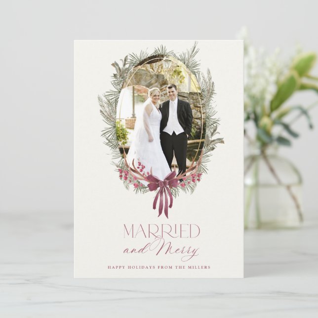 Elegant Married and Merry Holiday Photo Card Inbjudningar (Stående Fram)