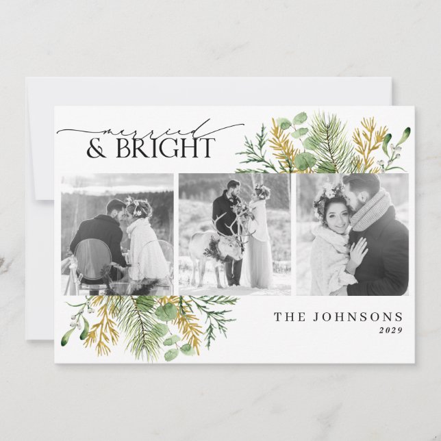 Elegant Married & Bright Guld Black & White Photo Julkort (Framsida)