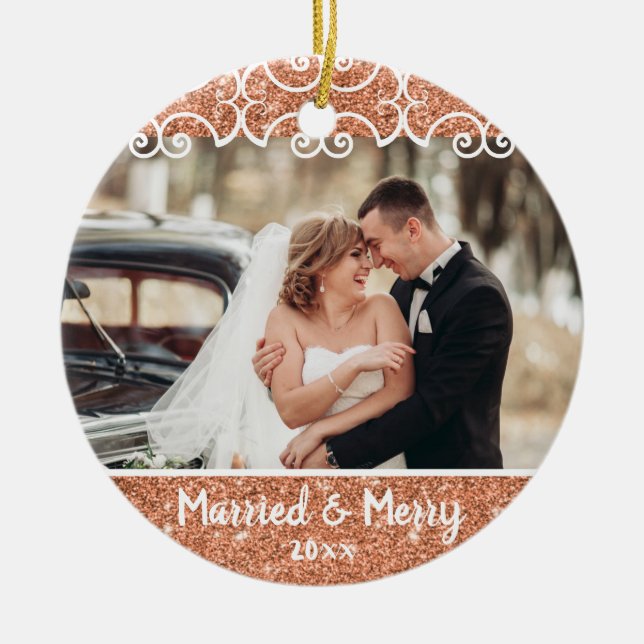 Elegant Married & Merry 2 Photo Ro Guld First Julgransprydnad Keramik (Framsidan)