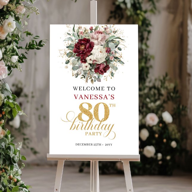 Elegant Marsala Blommig 80-års Födelsedags Välkoms Poster (Chic Marsala Floral 80th Birthday Welcome Poster)