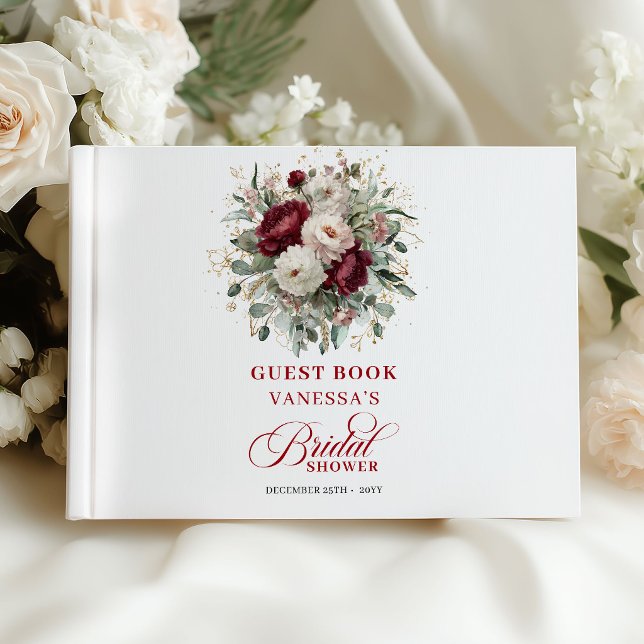 Elegant Marsala Blommig Bröllopsfest Gästbok (Elegant Marsala Floral Bridal Shower Guest Book)