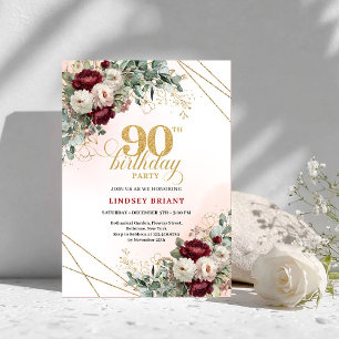 Elegant Marsala Blommig Guld Ram 90-årsdag Inbjudningar