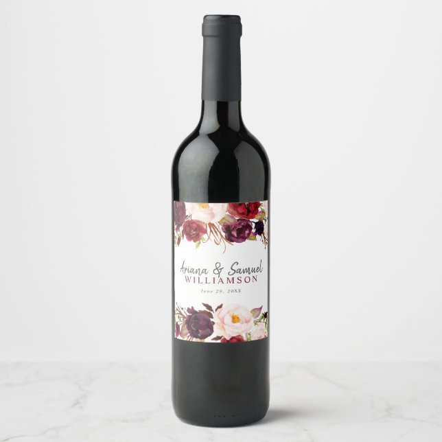 Elegant Marsala Blush blommande Vin Etikett (Framsida)