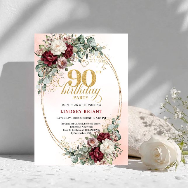 Elegant Marsala Peonies Eucalyptus 90th Birthday  Inbjudningar (Elegant Marsala Peonies Eucalyptus 90th Birthday Invite)