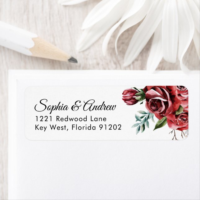 Elegant Marsala Red Rose Rustic  Wedding Address Returadress Etikett (Insitu)