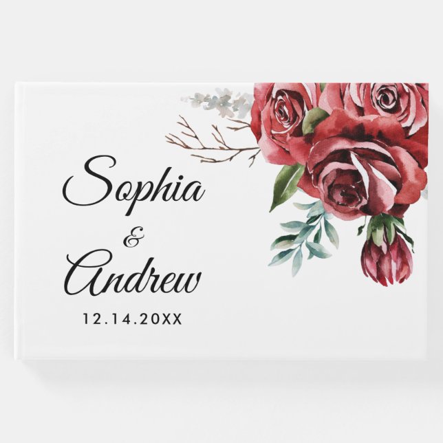 Elegant Marsala Röd ros Rustic Bröllop Gästböcker (Framsida)