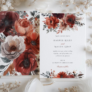 Elegant Marsala Watercolor Blommigt Bröllop Inbjudningar