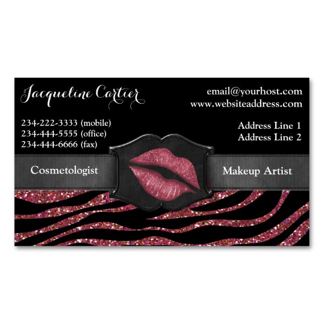 Elegant Marsala Zebra Glitter Kiss Cosmetolog Visitkortmagnet (Framsida)