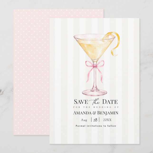 Elegant Martini Cocktail Blush Rosa Bröllop Spara Datumet (Fram/baksida)