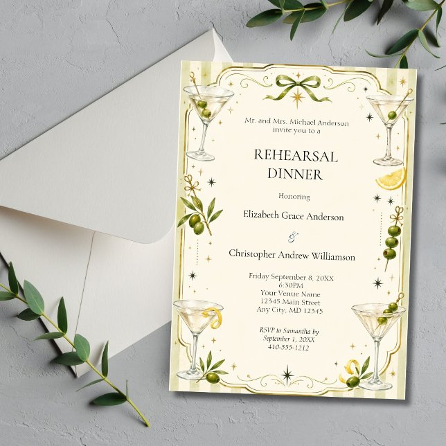 Elegant Martini Cocktail Bröllopsrepetition Middag Inbjudningar (Classic Chic Martini Cocktail Wedding Rehearsal dinner invitation)