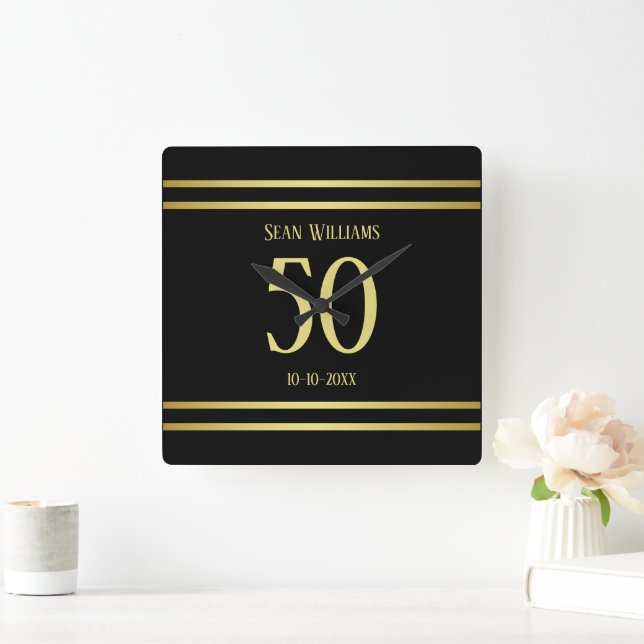 Elegant Masculine Guld & Black Birthday Fyrkantig Klocka (Hem)