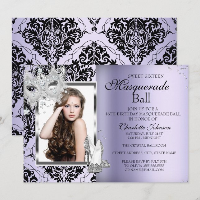 Elegant Mask Klackar Masquerad Sweet 16 Lavendel 3 Inbjudningar (Fram/baksida)