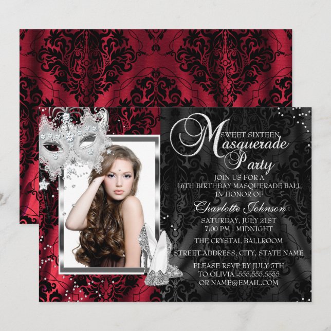 Elegant mask & klackar Röd maskerad Sweet 16 Inbjudningar (Fram/baksida)