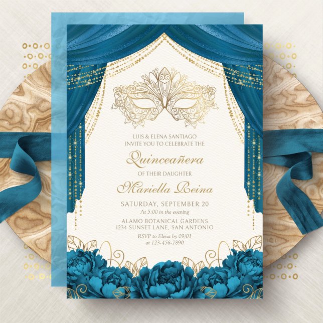 Elegant Mask Masquuppad Teal Quinceanera Inbjudningar (Skapare uppladdad)