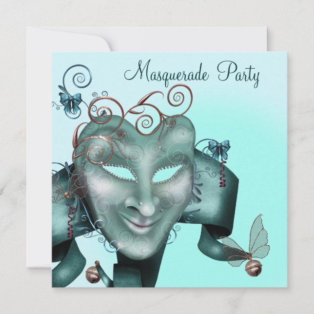 Elegant Mask Teal Blue Masquad Party Inbjudningar (Framsida)
