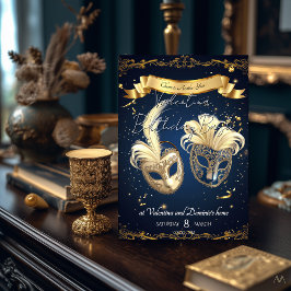 Elegant maskerad födelsedag | Elegant guld & marin Inbjudningar