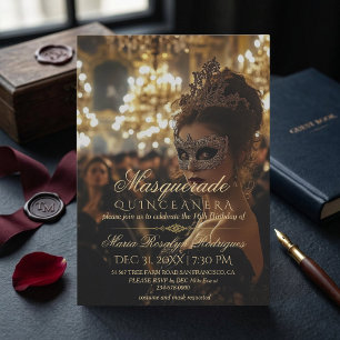 Elegant maskerad guld Quinceanera Foto Inbjudningar