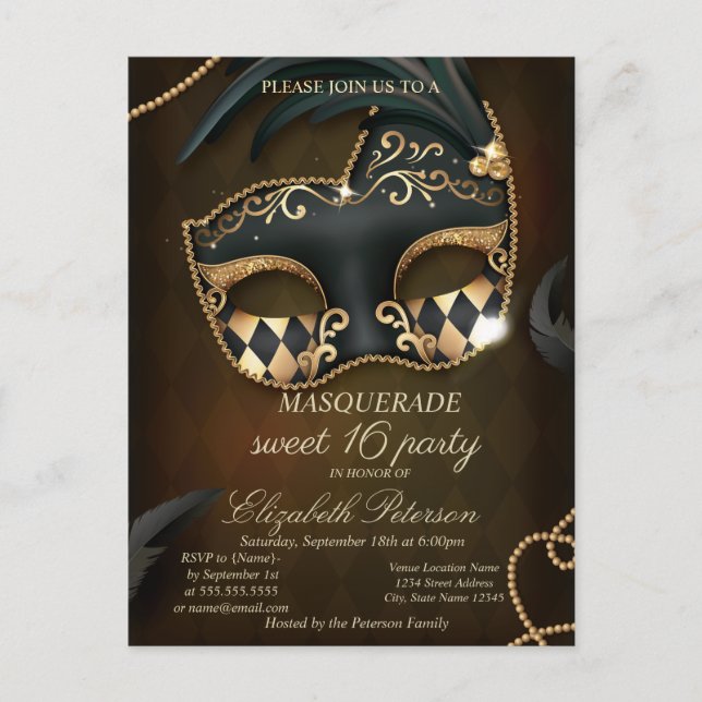 Elegant maskerad Sweet 16  Inbjudan Vykort (Framsida)