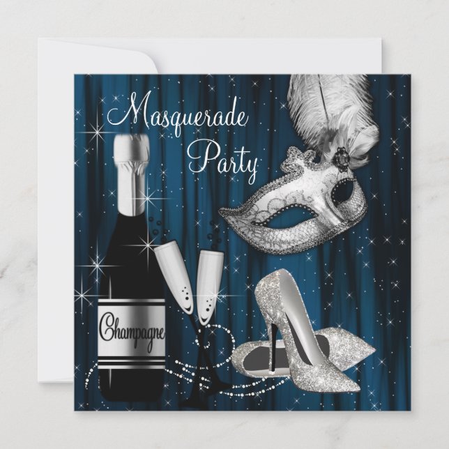 Elegant maskeradfest i midnattsblått inbjudningar (Framsida)