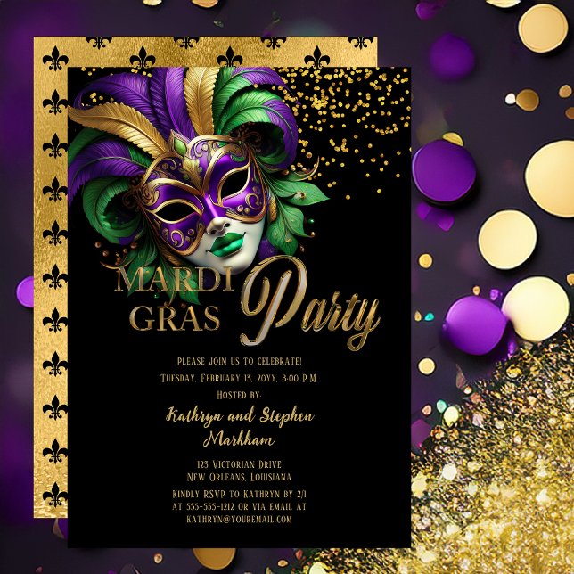 Elegant maskeradmask Mardi Gras-fest Inbjudningar (Elegant Purple, Green and Gold Tone Masquerade Mask Mardi Gras Party Invitation -- Print | Digital )