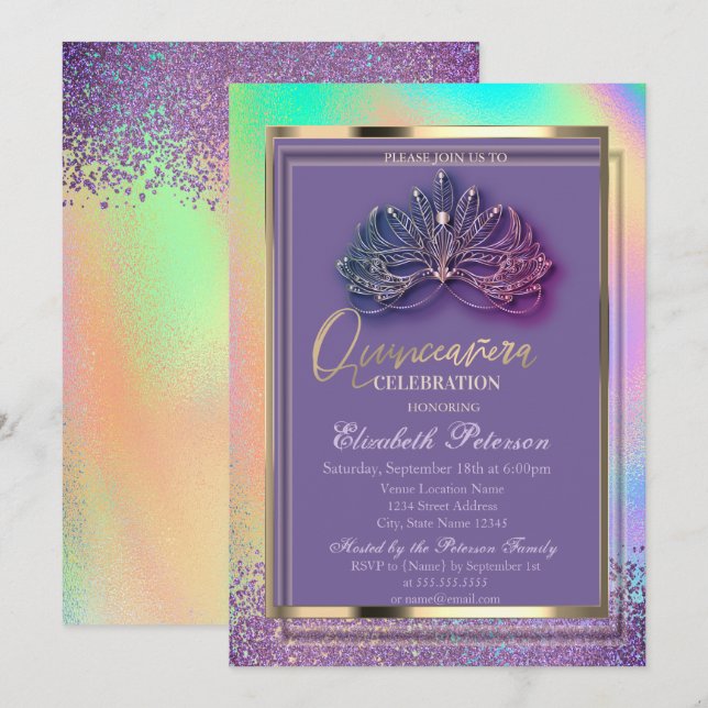 Elegant Masque Diamanter Rainbow Holografisk  Inbjudningar (Fram/baksida)