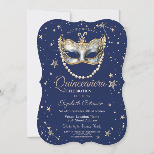 Elegant Masque Stars Blue Quinceanera Inbjudningar (Framsida)