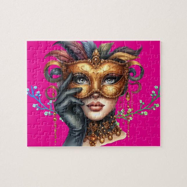 Elegant Masquerad Dam, Guld masken Pussel (Horisontell)