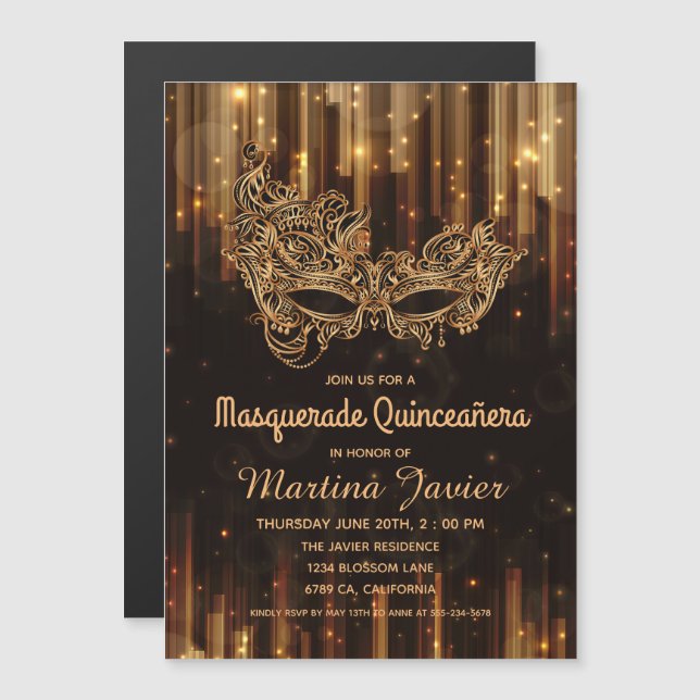 Elegant MasqueraQuinceañera 15:e födelsedagen Magnetisk Inbjudningskort (Fram/baksida)