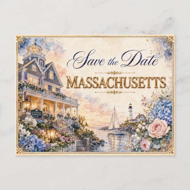 Elegant Massachusetts Spara datum Bröllopsinbjudan Vykort (Framsida)