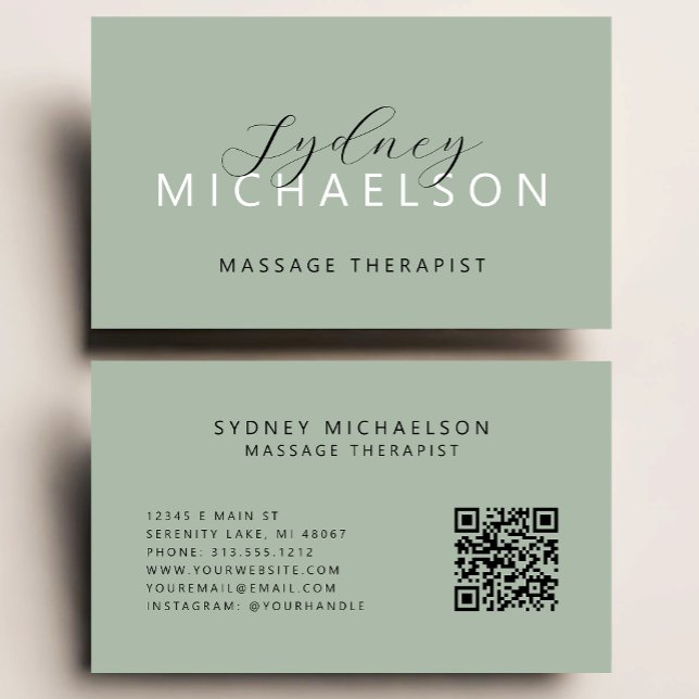 Elegant Massageterapeut QR-kod Sälggrön Visitkort (Skapare uppladdad)