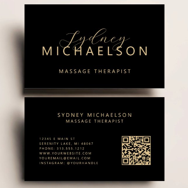 Elegant Massageterapeut QR-kod Svart Guld Visitkort (Skapare uppladdad)
