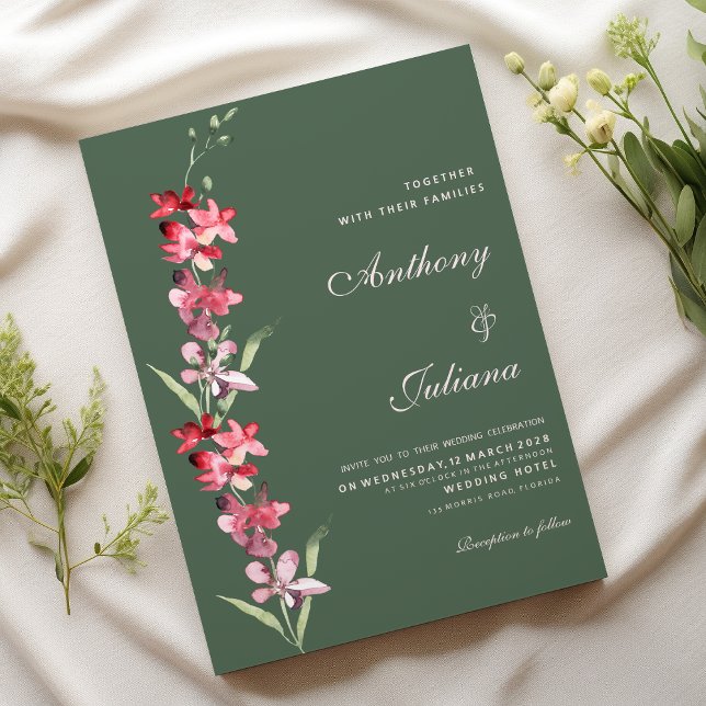 Elegant Maubage grönt rosa orchid-blommor Bröllop Inbjudningar (Elegant mauve green pink orchid flowers Wedding )
