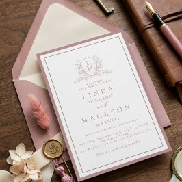 Elegant Mauve & botanisk vapensköldsmonogram bröll Inbjudningar