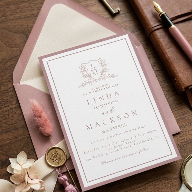Elegant Mauve & botanisk vapensköldsmonogram bröll Inbjudningar (Skapare uppladdad)