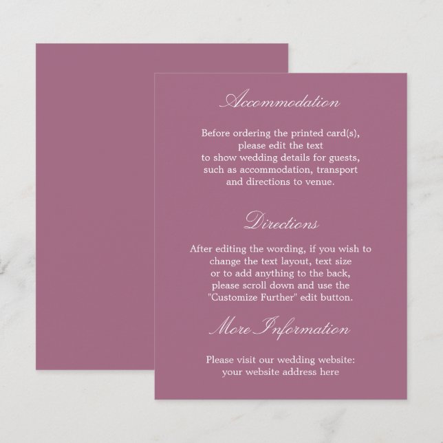 Elegant Mauve Bröllop informationskort Tilläggskort (Fram/baksida)