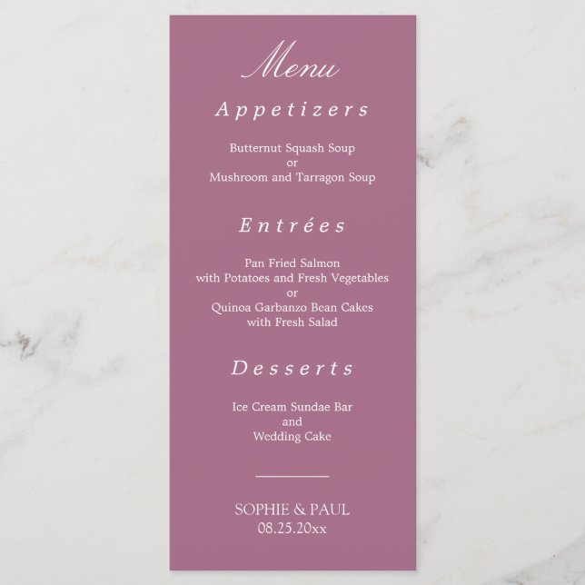 Elegant Mauve Bröllop Menu Meny (Framsida)