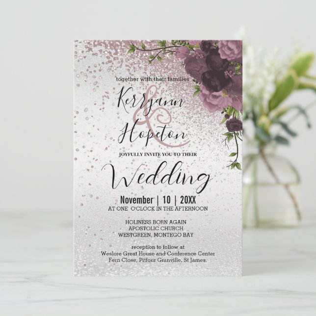 Elegant Mauve Glitter och Blommigt Inbjudningar (Stående Fram)