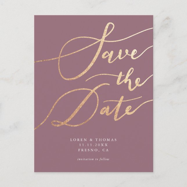 Elegant Mauve Guld Skript Spara datum Meddelande Vykort (Framsida)