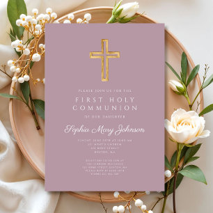 Elegant Mauve Kor Religiösa Girl First Communion Inbjudningar