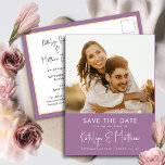 Elegant Mauve Modern Photo Bröllop spara datum Meddelande Vykort<br><div class="desc">Elegant Mauve Roligt skripta Modern Photo Minimalist Bröllop spara datum Announcement Postcard. Låt er familj, vänner och kolleger veta att ni har fastställt ett datum för ert bröllop firande med detta elegant, snyggt och det moderna bröllop spara datum-inbjudan. Alla texterna är i förväg ordnade så att du enkelt och snabbt...</div>