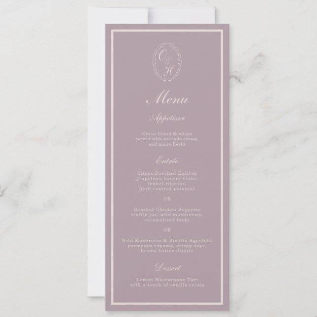 Elegant Mauve Monogram Wedding Long Menu Inbjudningar (Framsida)