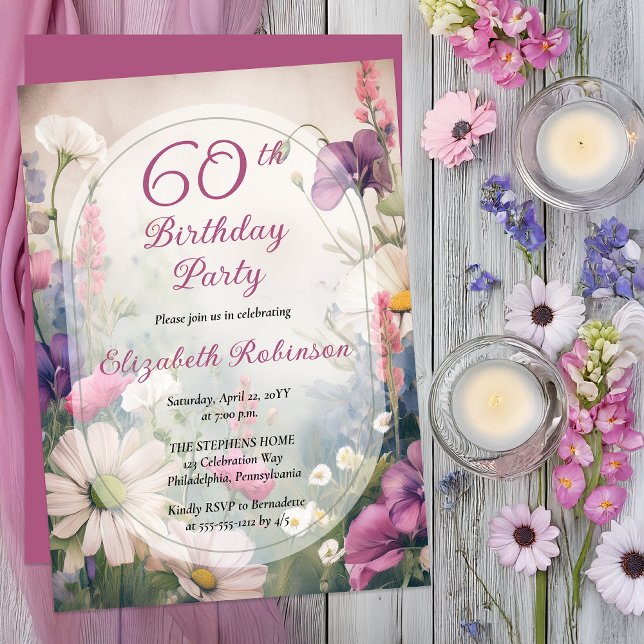 Elegant Mauve | Multi 60th Birthday Party Floral Inbjudningar (Elegant Floral 60th Milestone Birthday | Romantic Botanical Garden Party Invitation -Print | Digital)