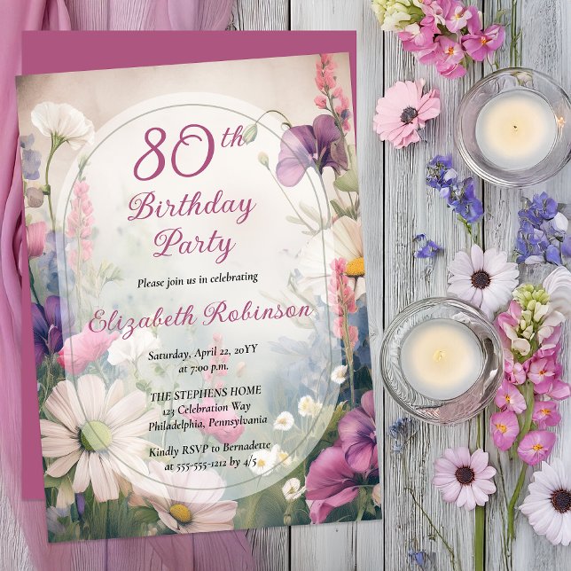 Elegant Mauve | Multi 80-årsfirande Blommig Inbjudningar (Elegant Floral 80th Milestone Birthday | Romantic Botanical Garden Party Invitation -Print | Digital)
