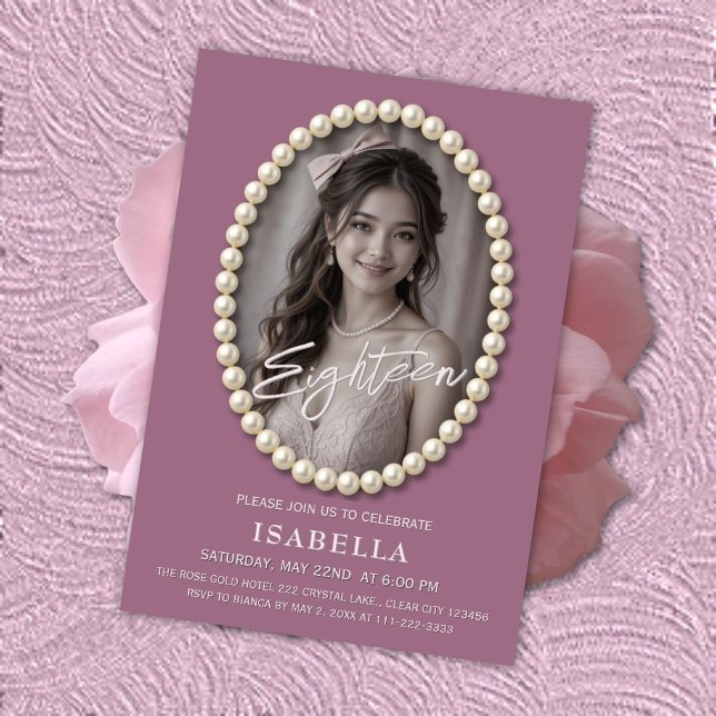Elegant Mauve Pearl 18:e födelsedagsfoto Inbjudningar (Skapare uppladdad)