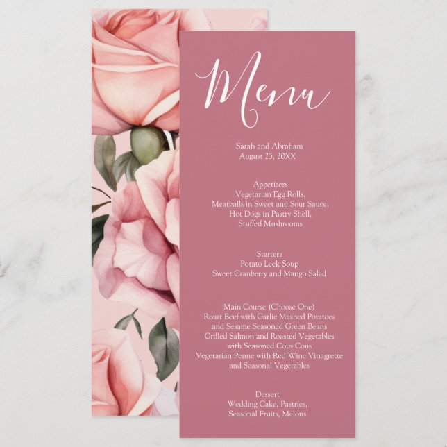 Elegant Mauve Pink and White Roses Wedding Menu Meny (Fram/baksida)