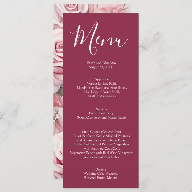 Elegant Mauve Pink and White Roses Wedding Menu Meny (Fram/baksida)