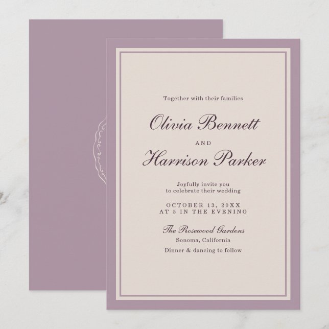 Elegant Mauve Plommon Bröllopsinbjudan Inbjudningar (Fram/baksida)