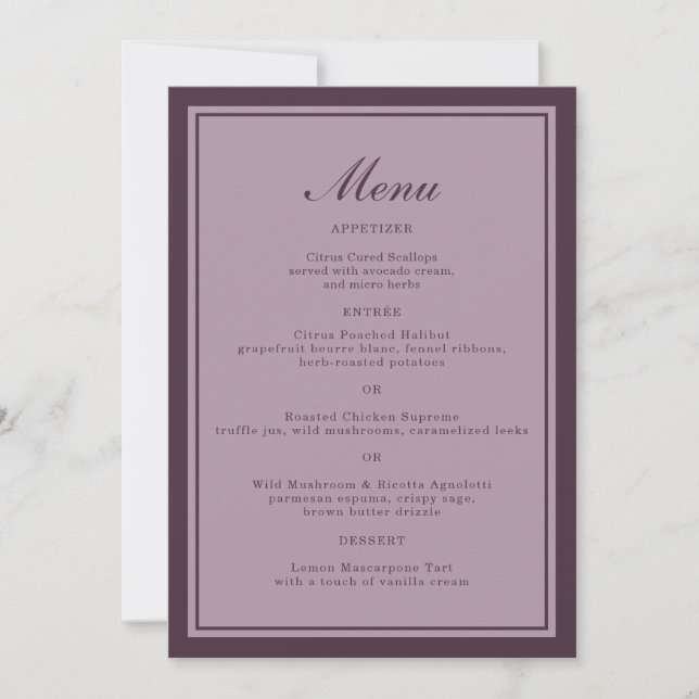 Elegant Mauve Plum Wedding Dinner Menu Card Inbjudningar (Framsida)