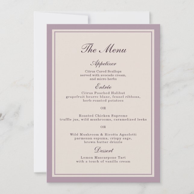 Elegant Mauve Plum Wedding Menu Card Inbjudningar (Framsida)