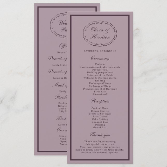 Elegant Mauve Plum Wedding Program Card (Fram/baksida)